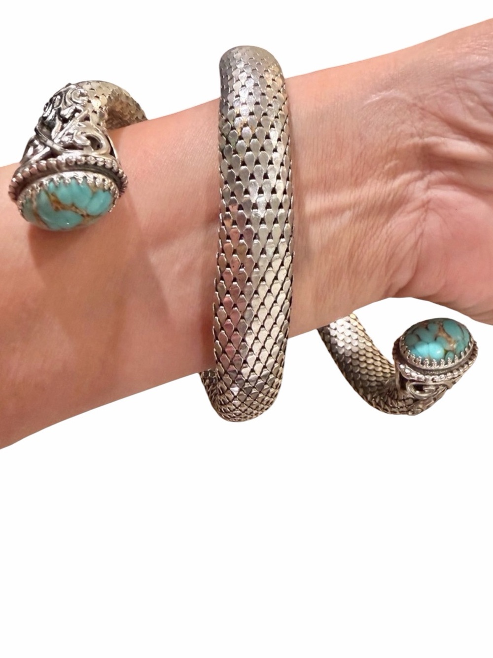 Vintage Mesh Coil Snake Arm Bracelet – Silver Tone & Faux Turquoise, Egypti